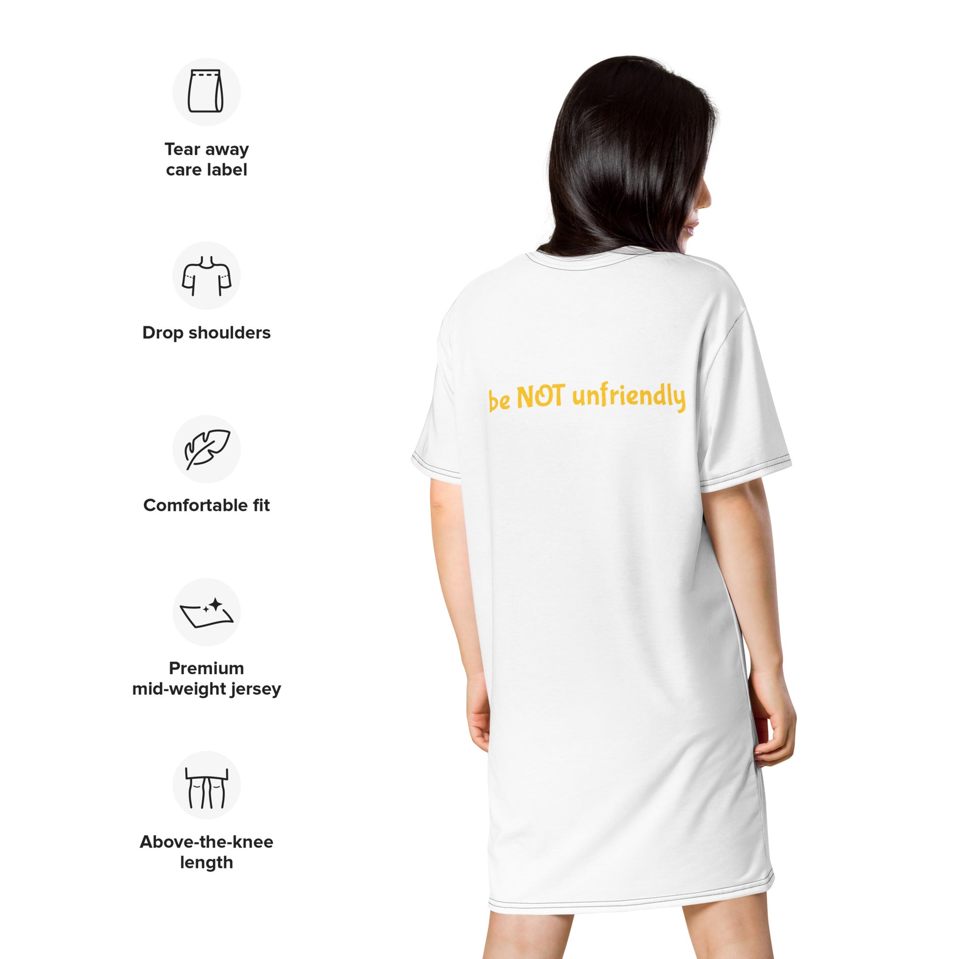 White t-shirt dress with features listed on a white background