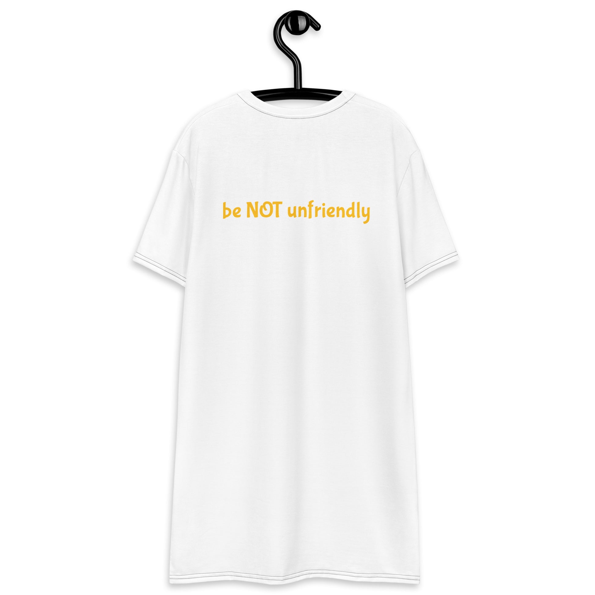White t-shirt with 'be NOT unfriendly' text on a hanger against a white background
