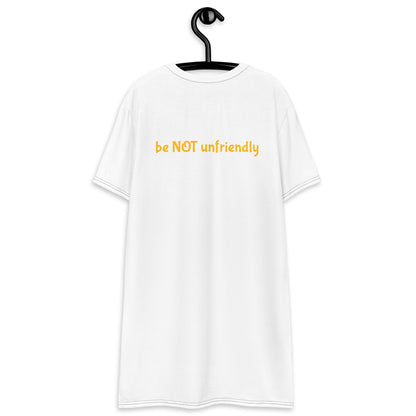 White t-shirt with 'be NOT unfriendly' text on a hanger against a white background