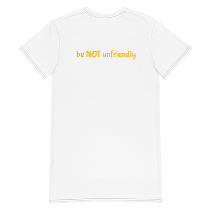 White t-shirt with yellow text 'be NOT unfriendly' on a white background