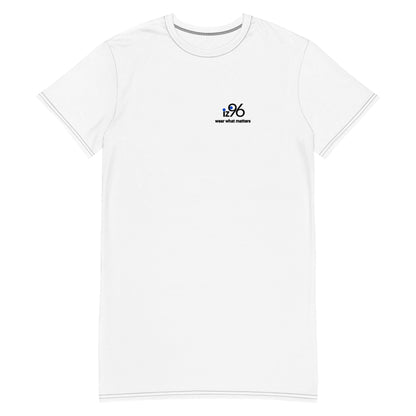 White t-shirt dress with a logo and text on a white background