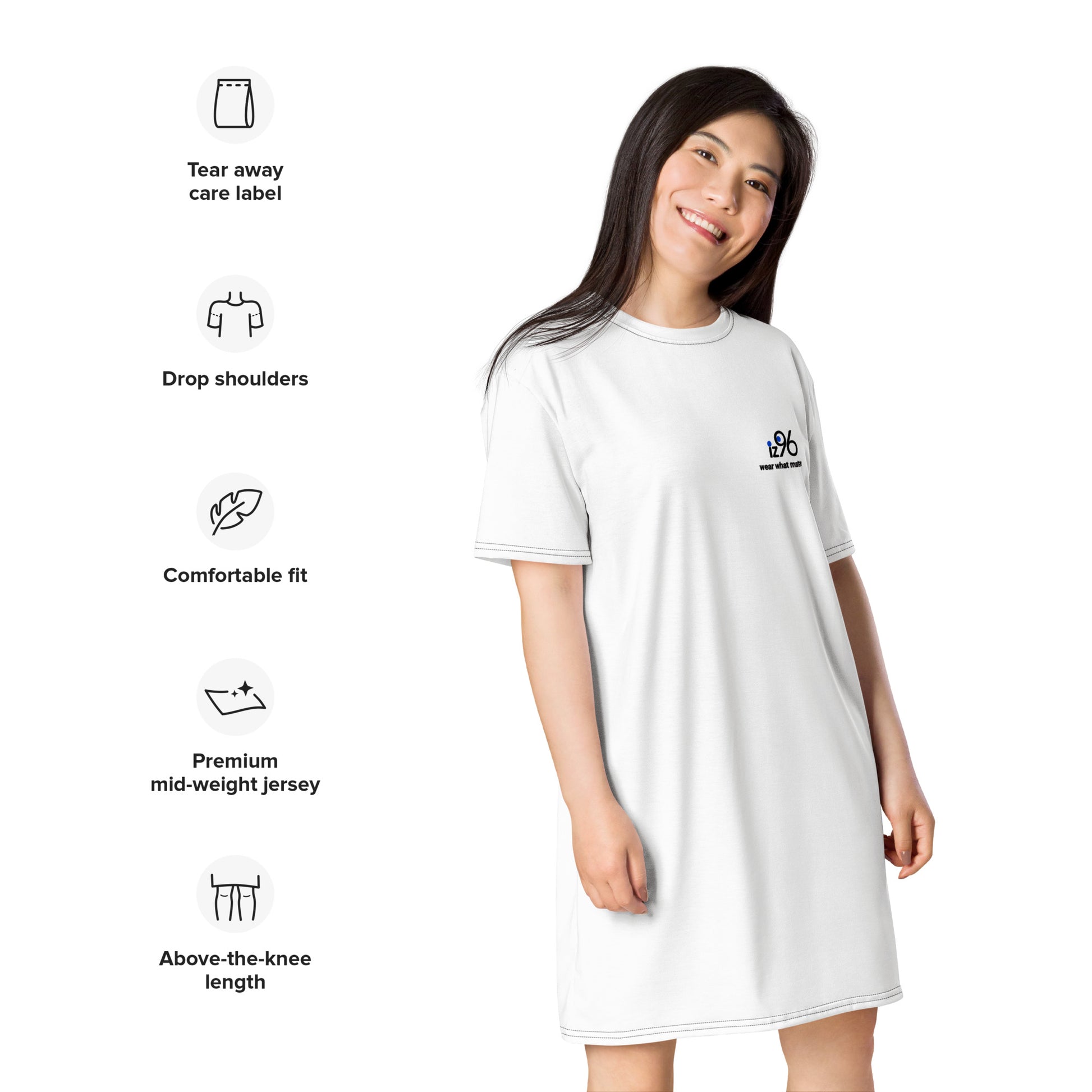 Woman wearing a white dress with text icons on a white background