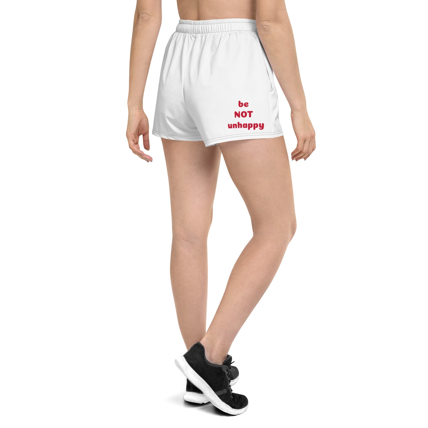 White shorts with red text worn by a person on a white background