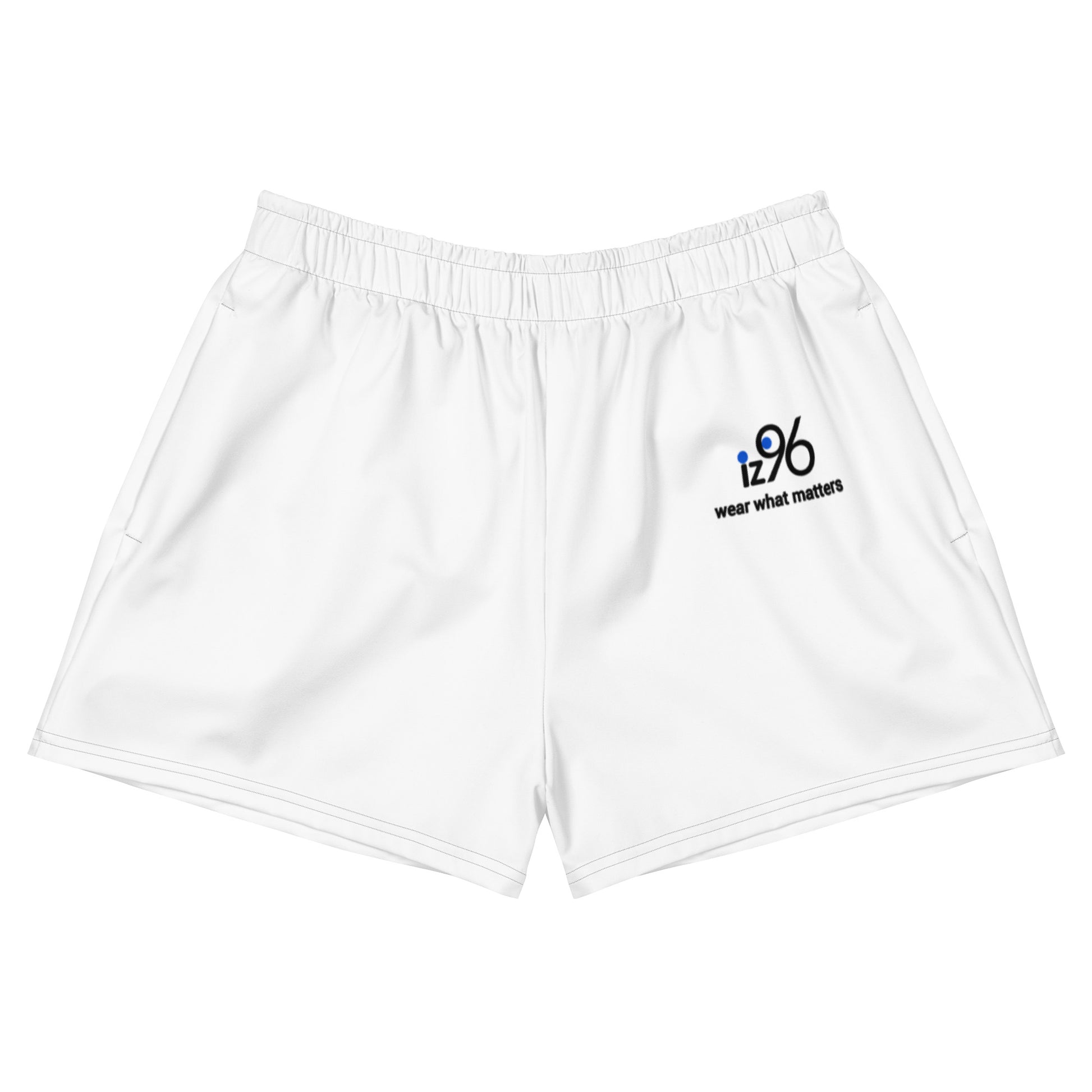 White shorts with a logo and text on a white background