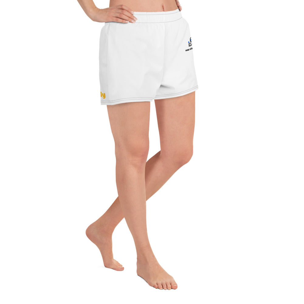 White shorts with logo branding worn by a person on a white background