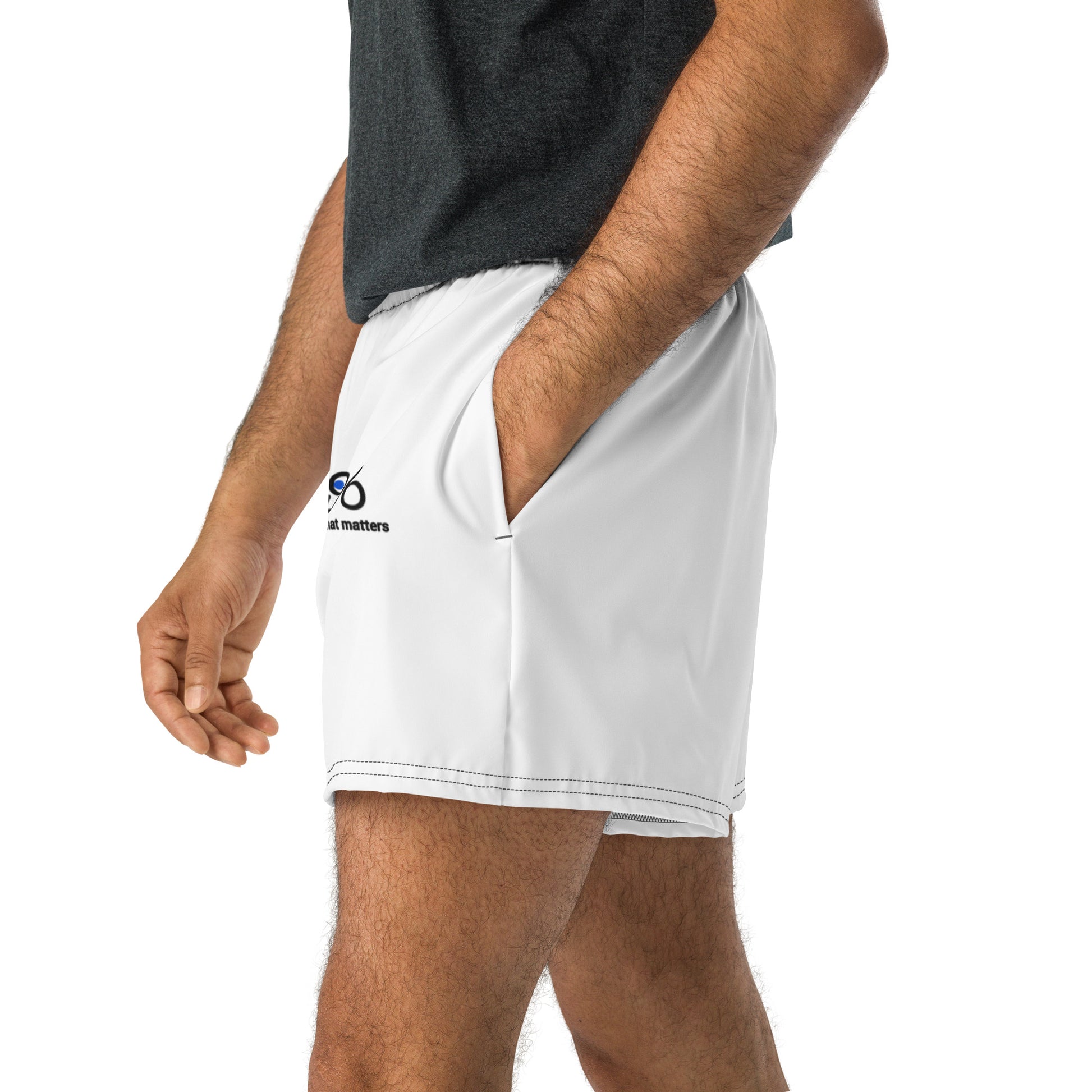 White shorts with a brand logo worn by a person on a white background