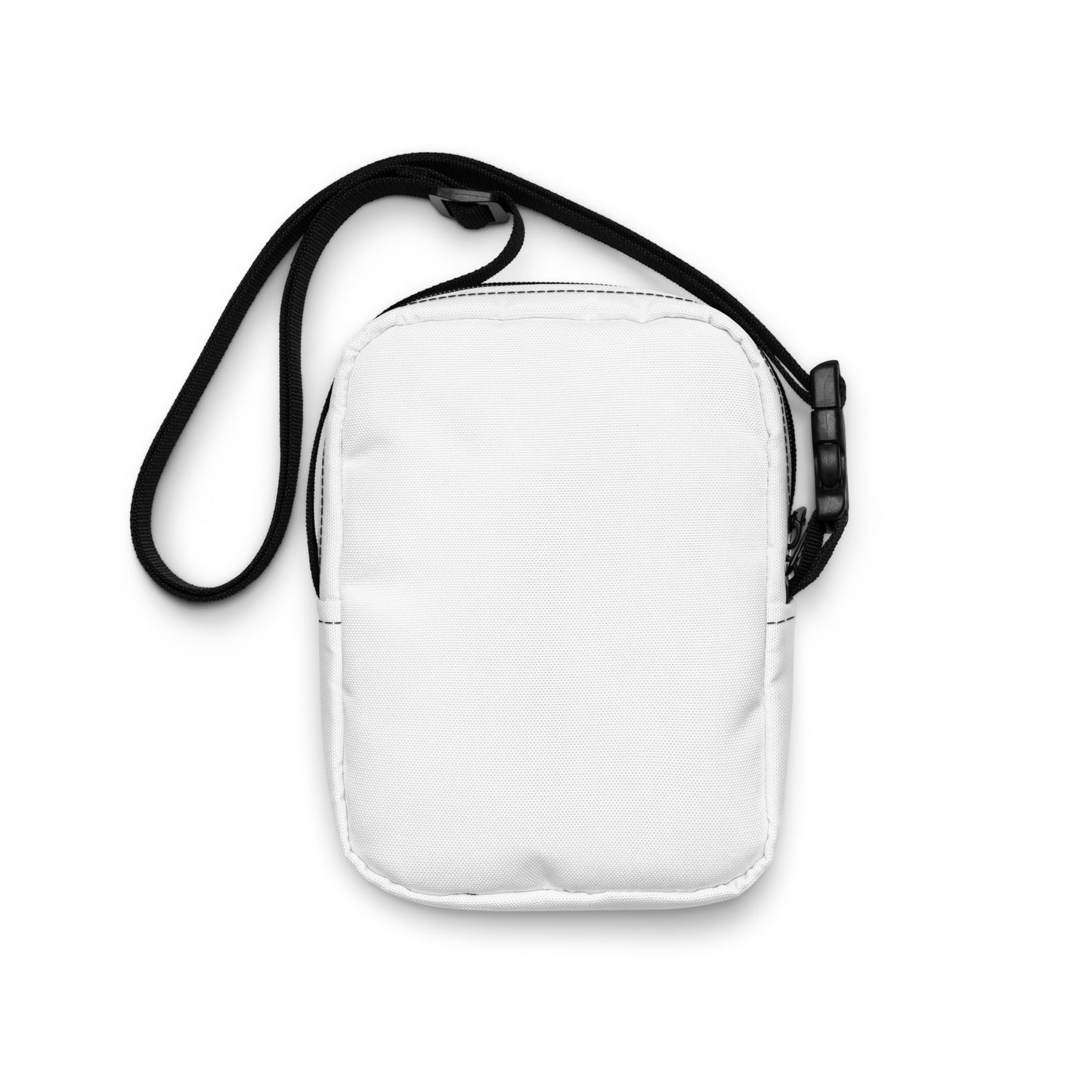 White crossbody bag with a black strap on a white background