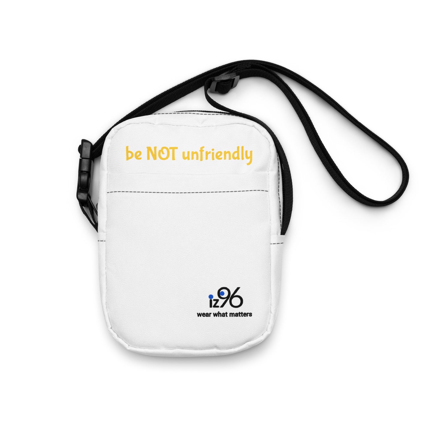 White pouch with black strap and yellow text on a white background