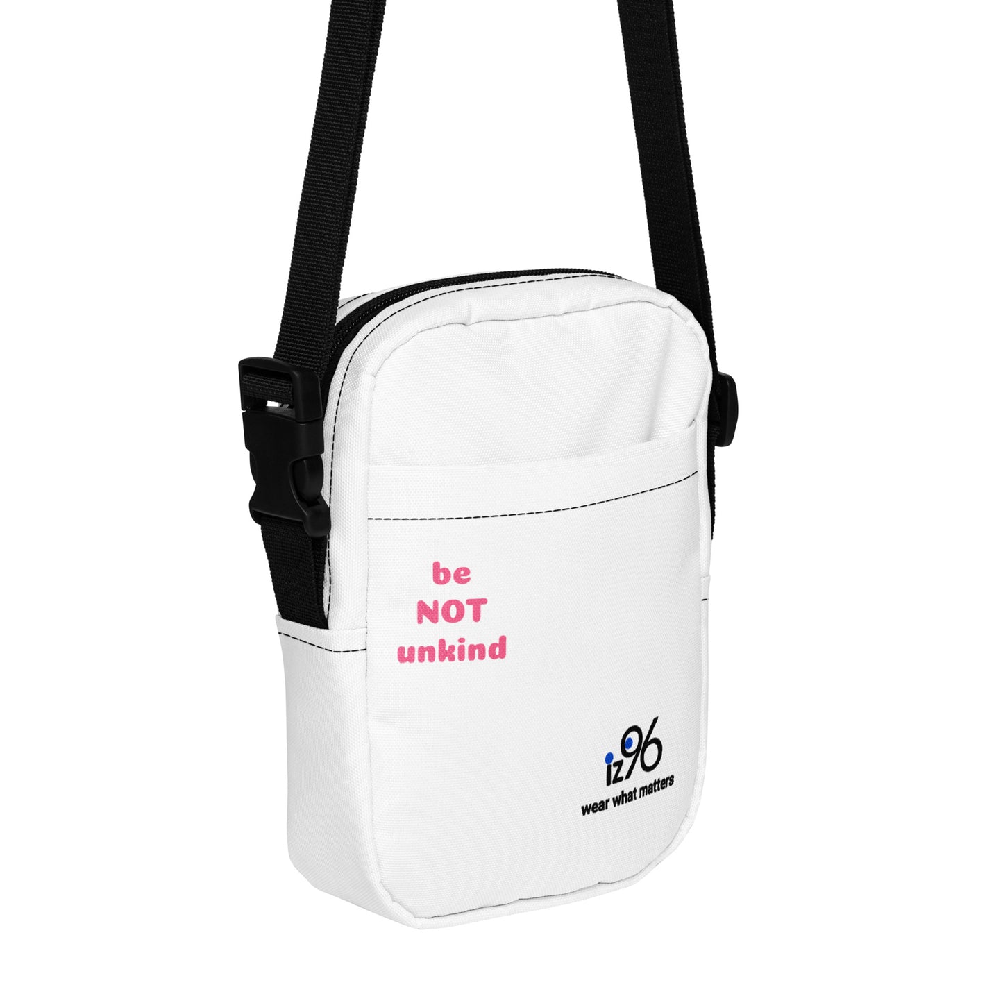White shoulder bag with motivational text and a logo on a white background