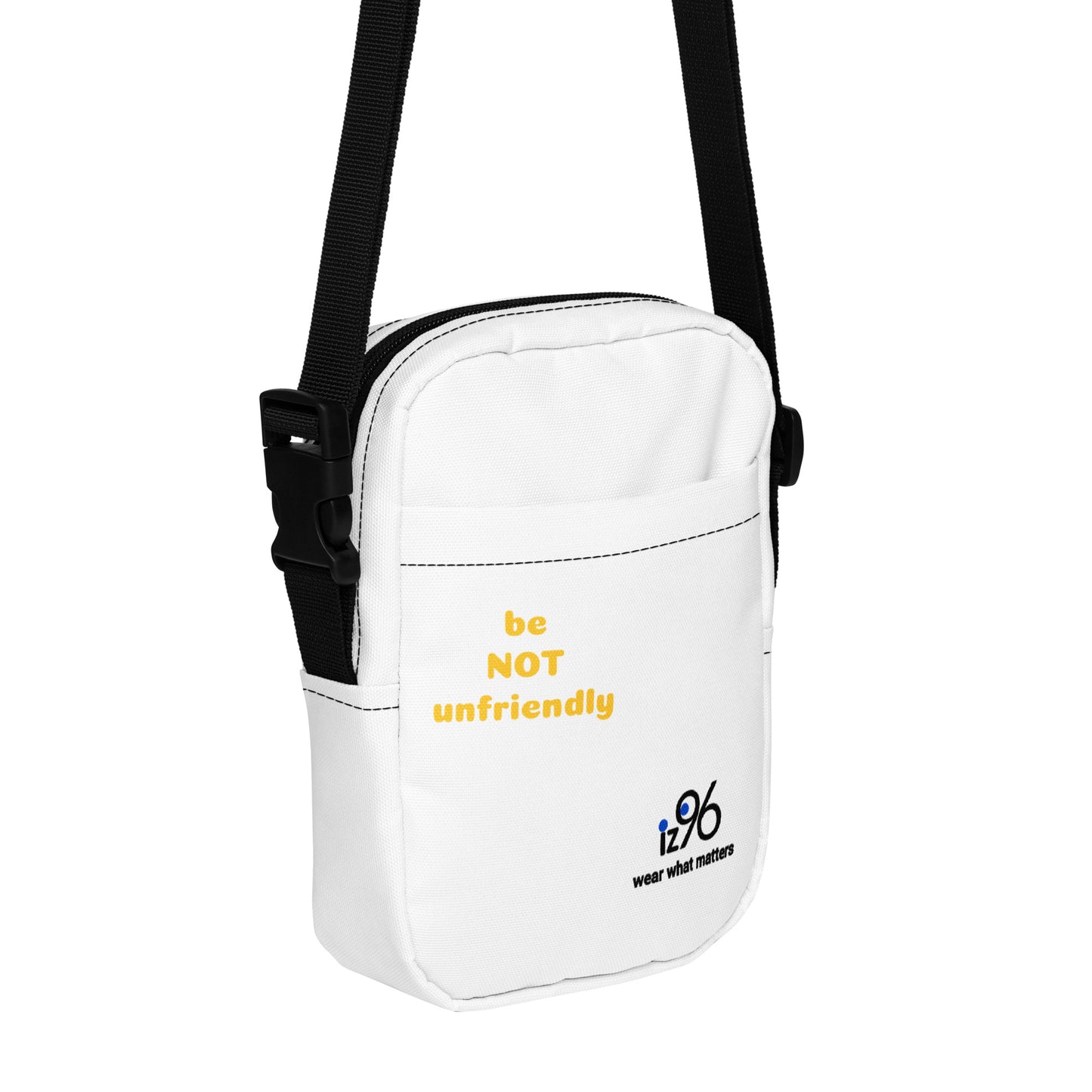 White bag with 'be NOT unfriendly' text and a logo on a white background