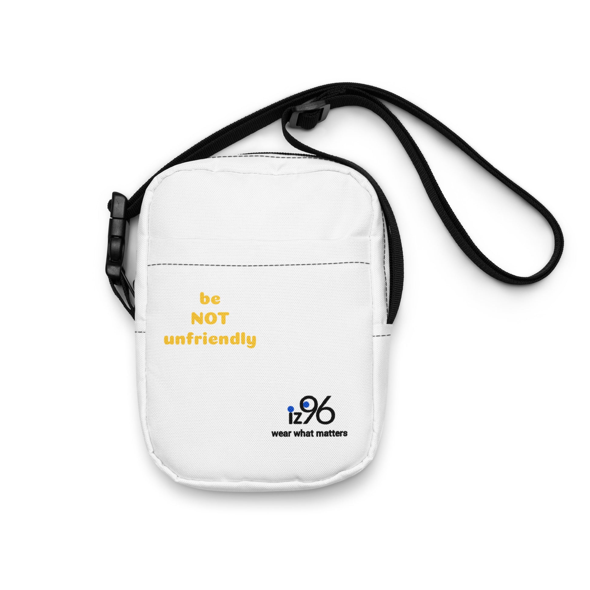 White crossbody bag with 'be NOT unfriendly' text and iz96 logo on a white background