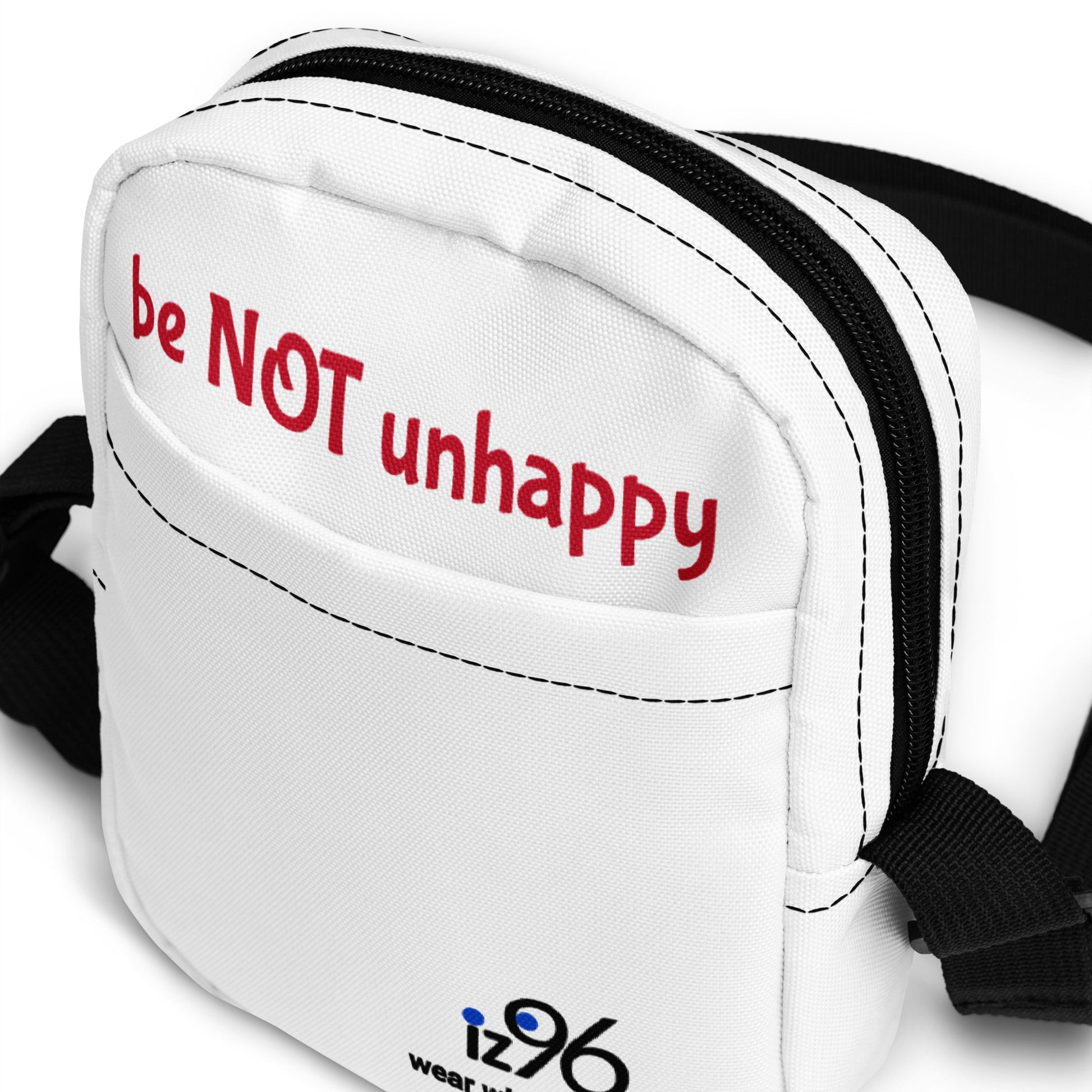 White waist bag with 'be NOT unhappy' text and iz96 logo.