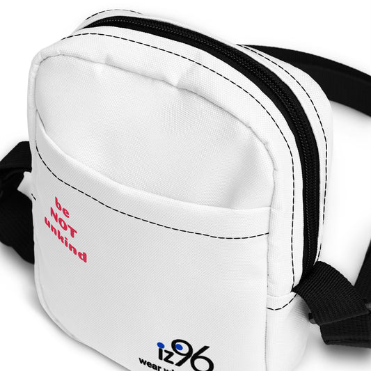 White waist bag with black strap and text on a white background