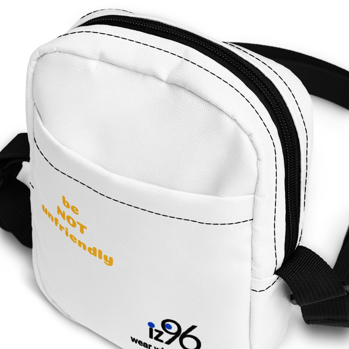 White waist bag with black strap and yellow text on a white background
