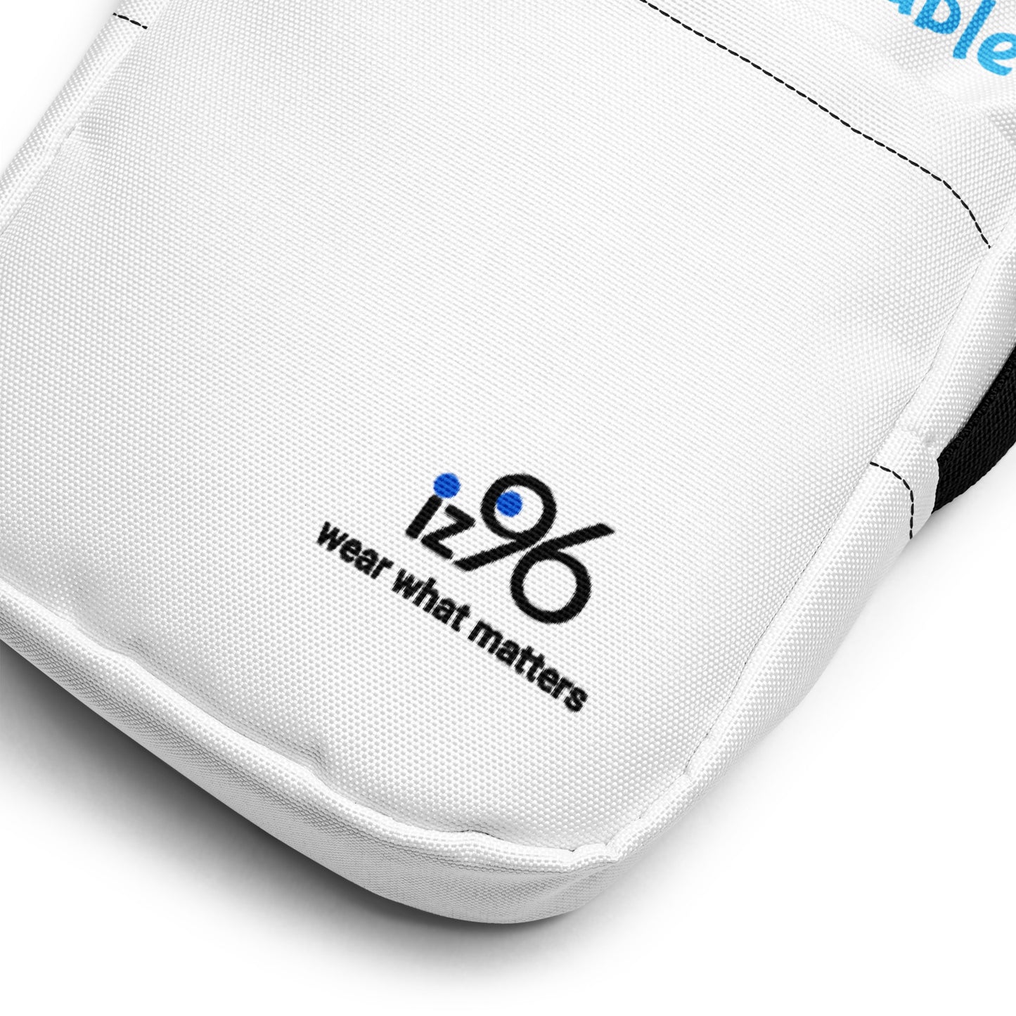 White sports bag with iz96 logo and 'wear what matters' text on a white background