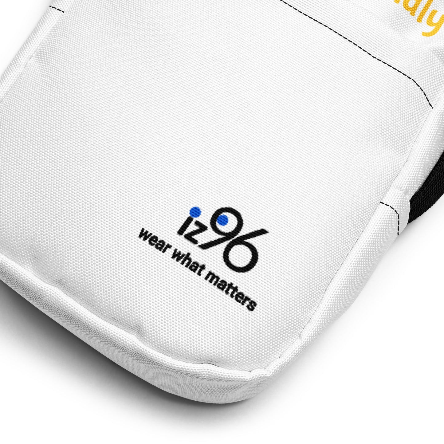 White sports bag with 'iz96 wear what matters' logo on a white background