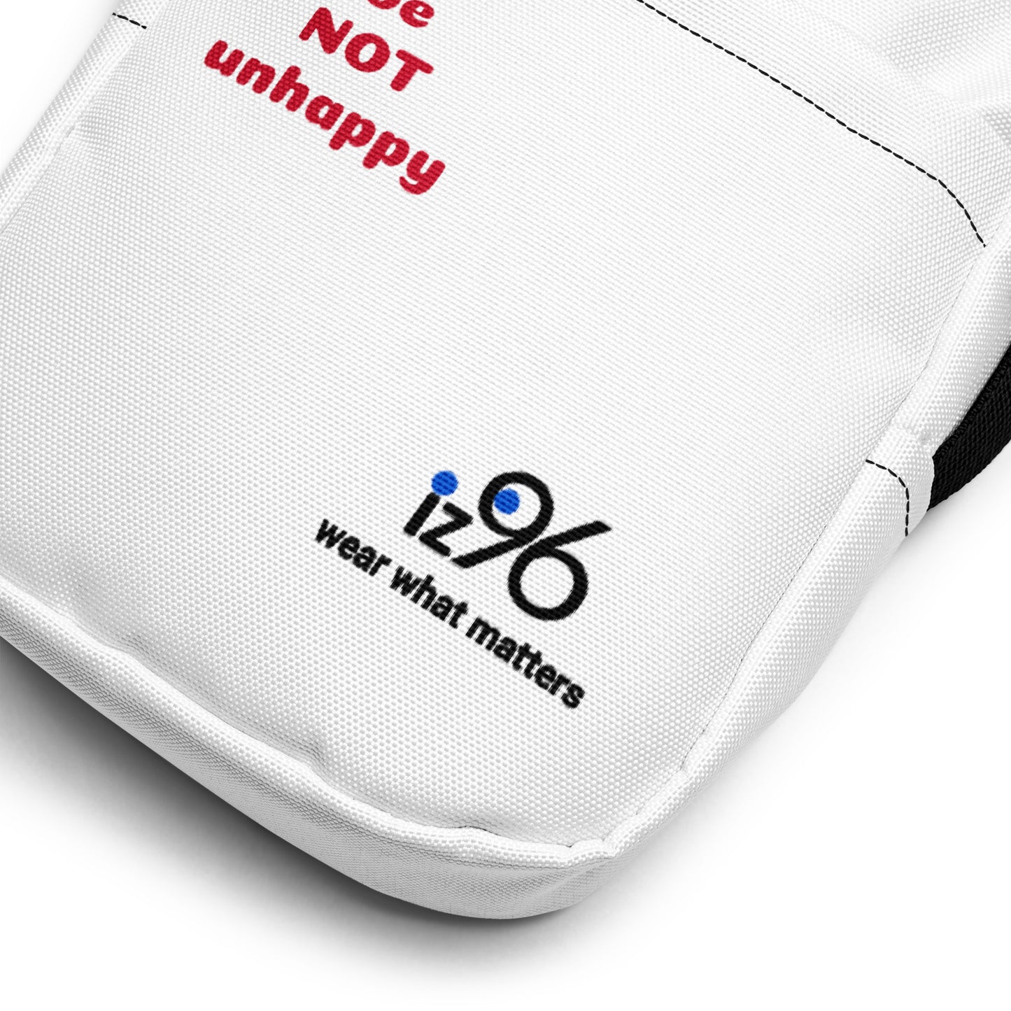 White sports bag with 'iz96 wear what matters' logo and text on a white background