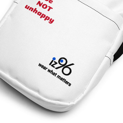 White sports bag with 'iz96 wear what matters' logo and text on a white background