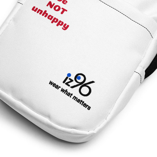 White sports bag with 'iz96 wear what matters' logo and text on a white background