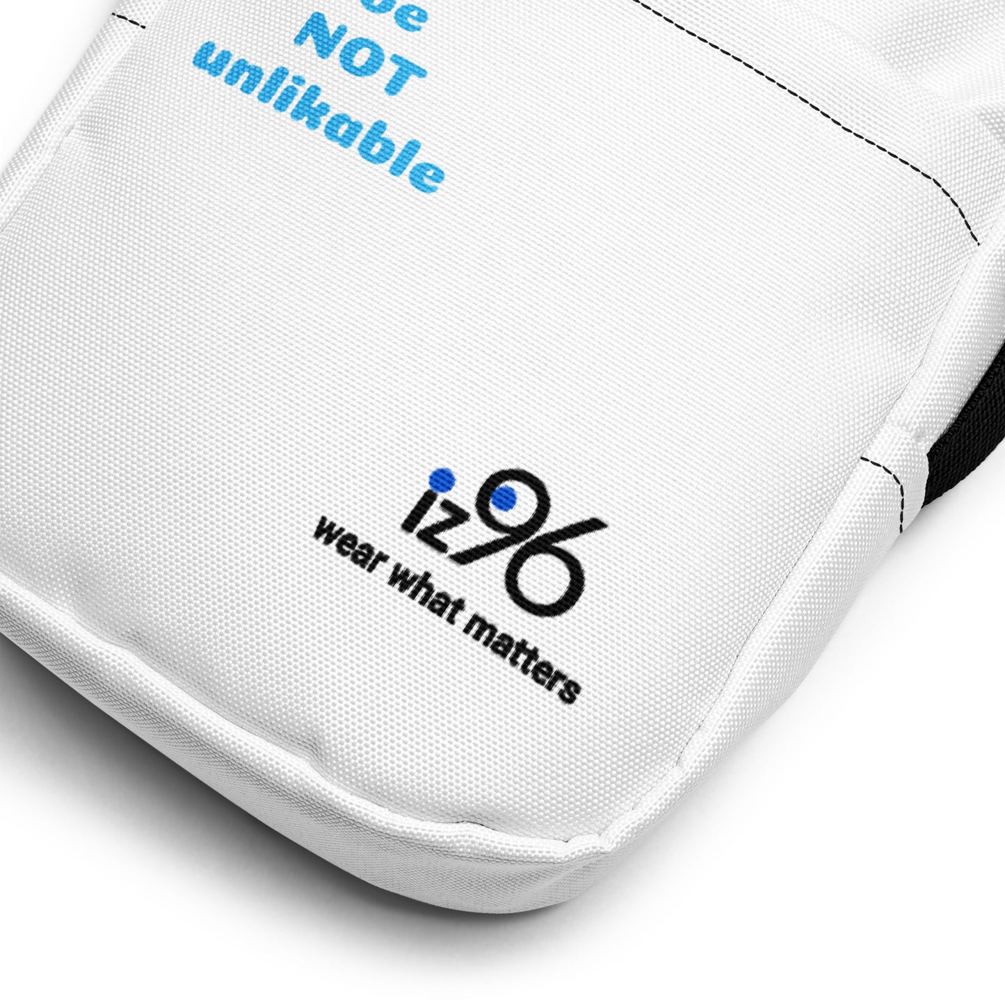 White pouch with 'iz96' logo and text on a white background