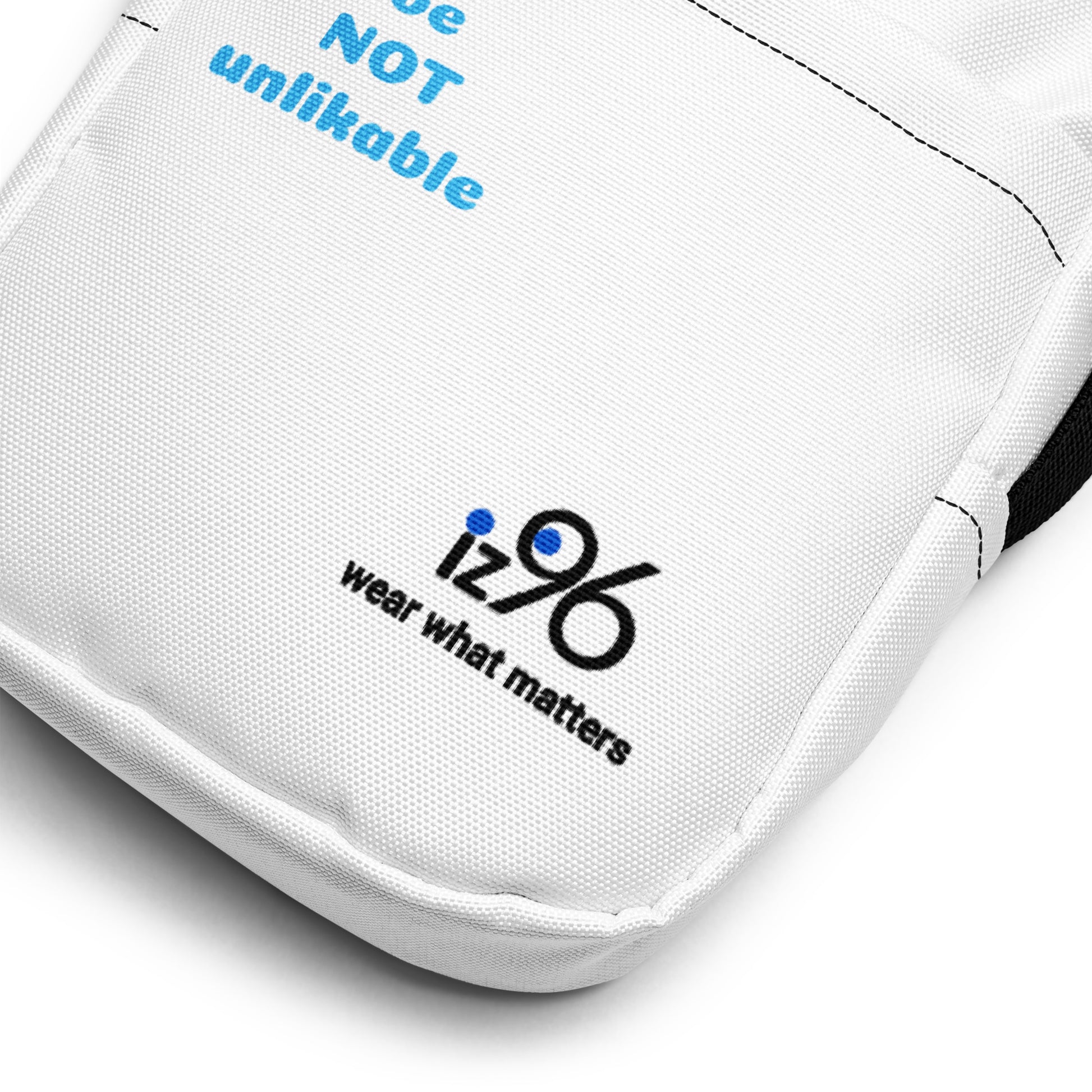 White pouch with 'iz96' logo and text on a white background
