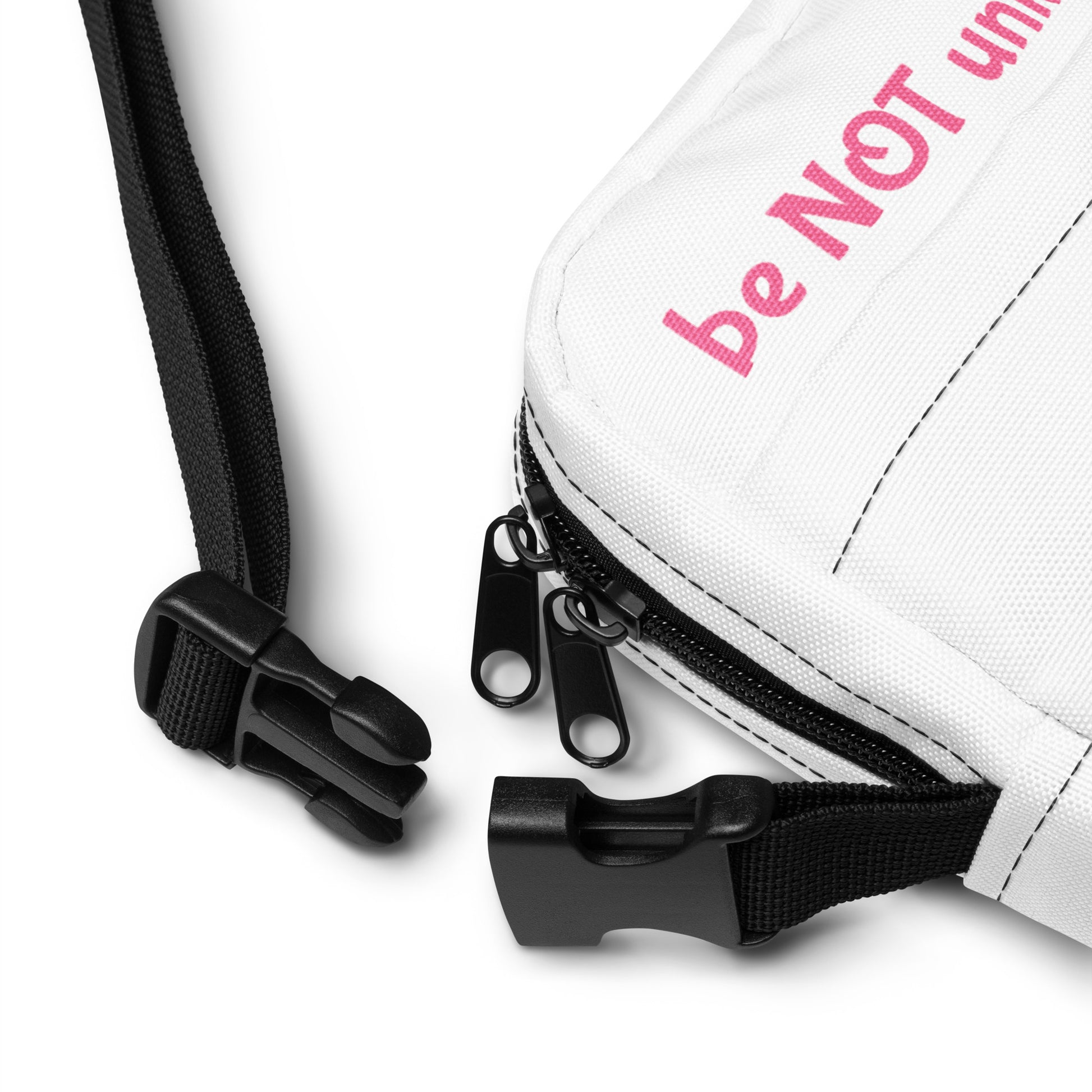 White carrying case with black straps and visible branding on a white background