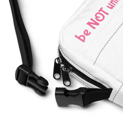 White carrying case with black straps and visible branding on a white background