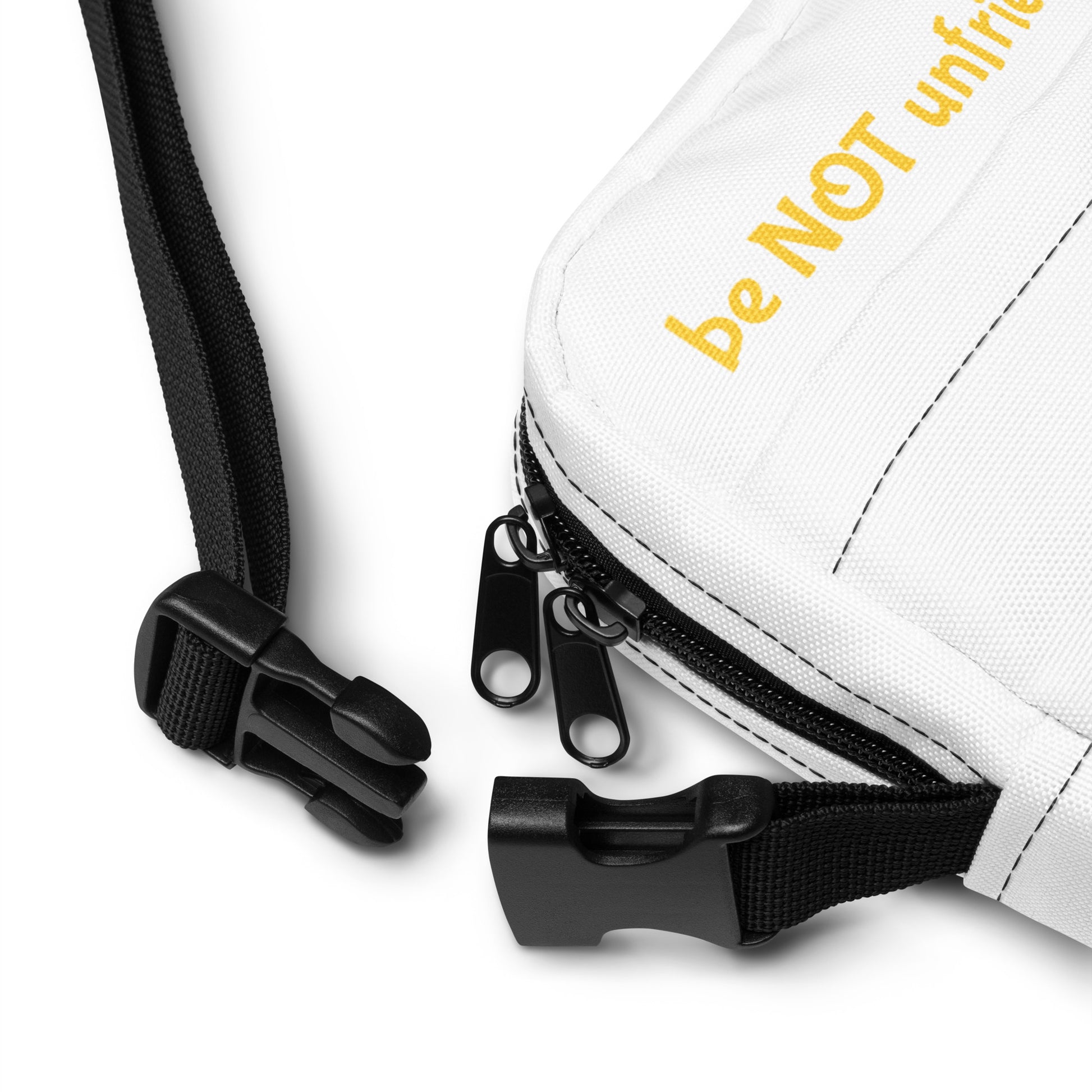 White pouch with black strap and zipper, featuring yellow text on a white background