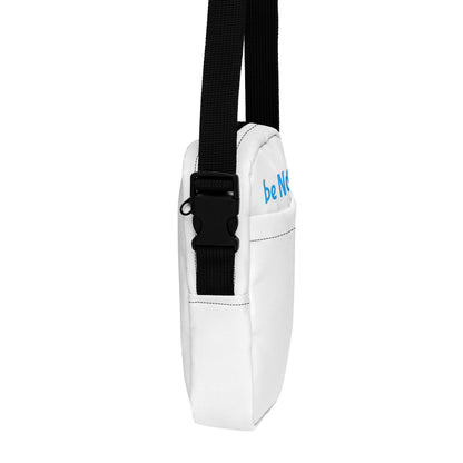White pouch with black strap and text branding on a white background
