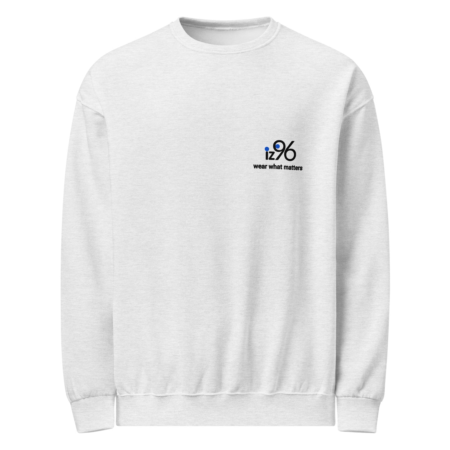 White sweatshirt with a logo and text on a white background