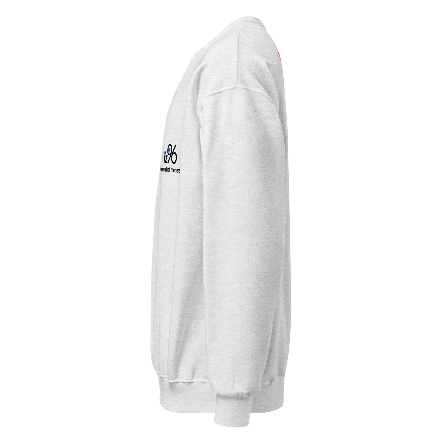 White sweatshirt with a logo against a white background