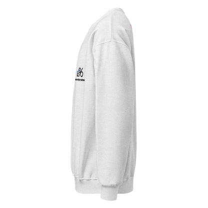 White sweatshirt with a logo against a white background