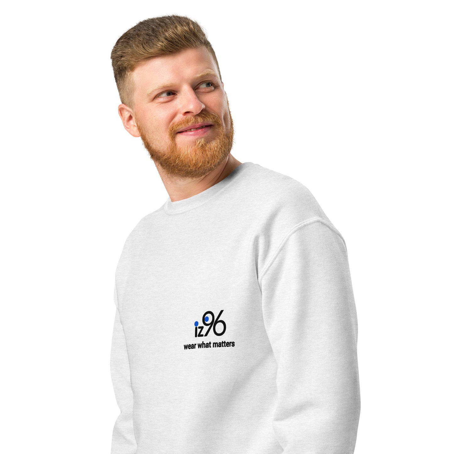 Man wearing ash gray sweatshirt with a logo and text on a white background