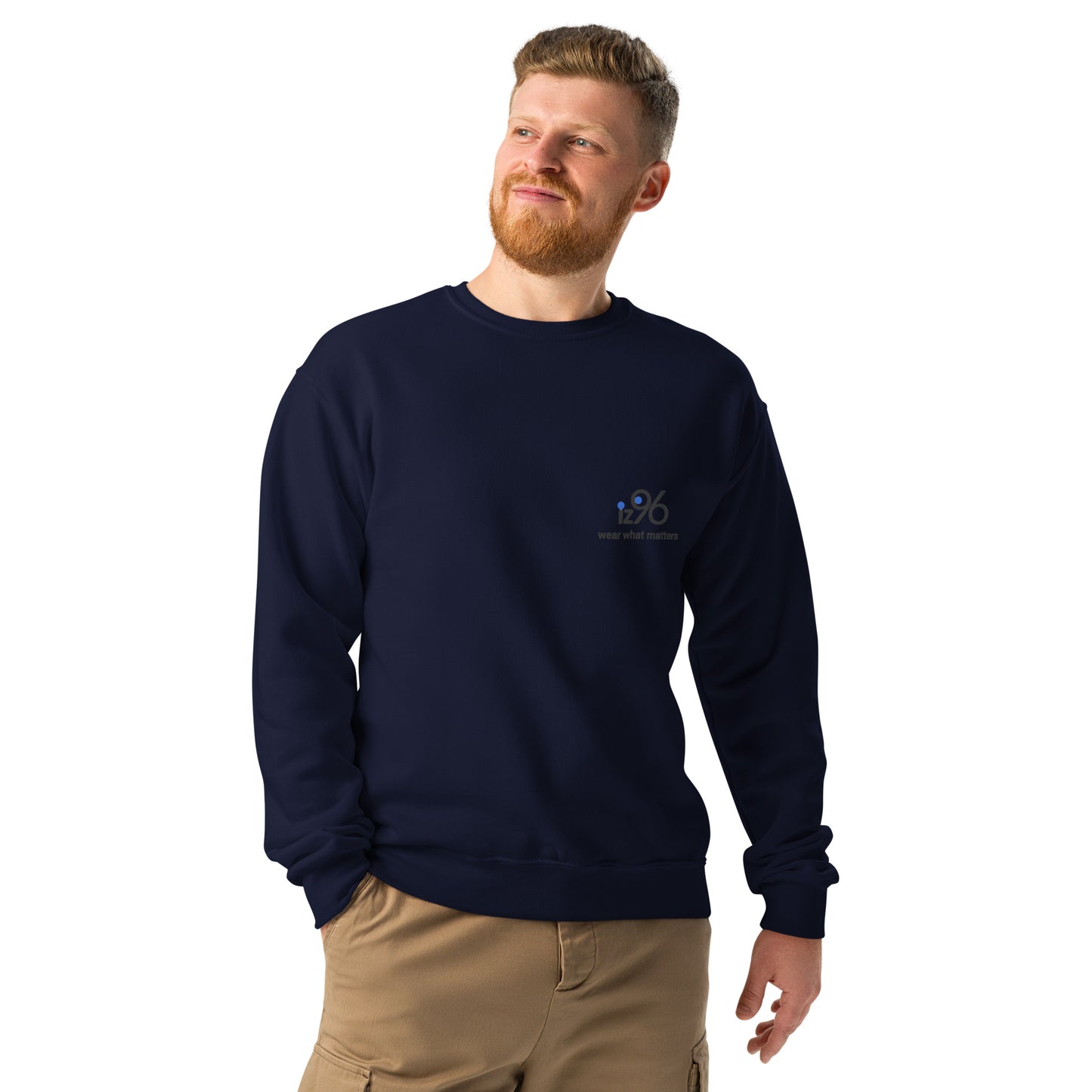 Man wearing a navy blue sweatshirt with a 'wear what matters' text on a white background