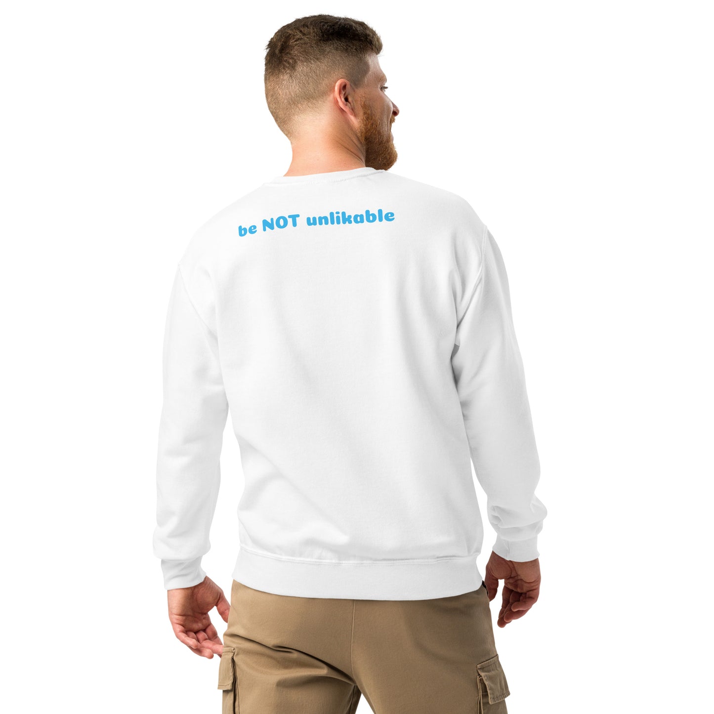 Man wearing a white sweatshirt with text on the back, standing against a white background