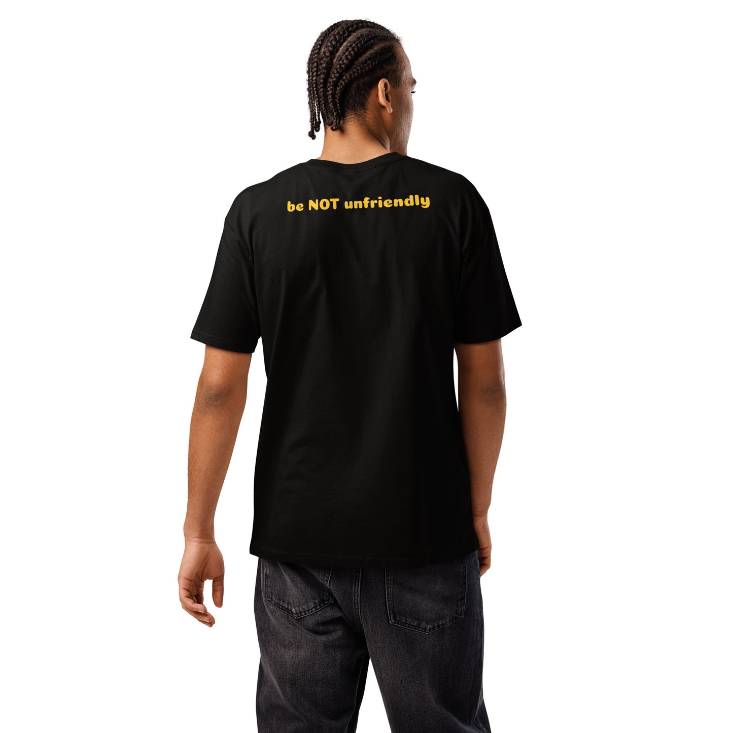 Person wearing a black t-shirt with a yellow text on the back, on a white background.