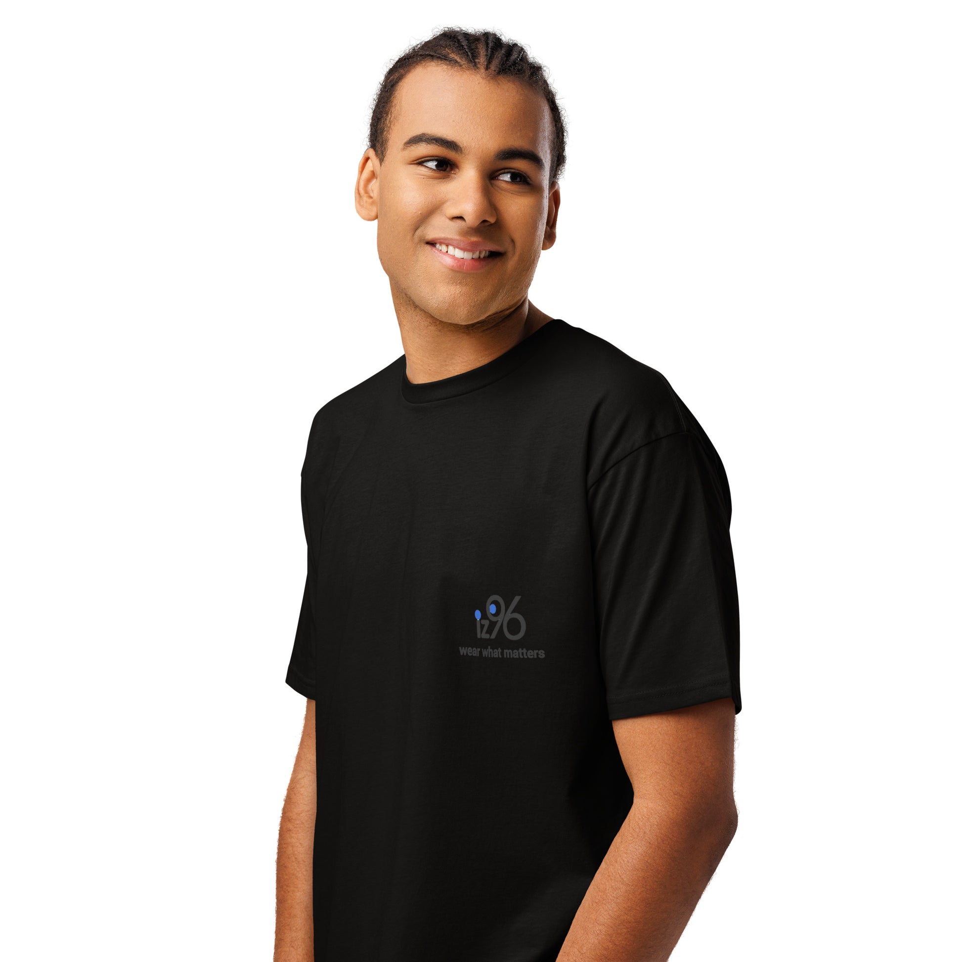 Man wearing a black t-shirt with a logo on a white background