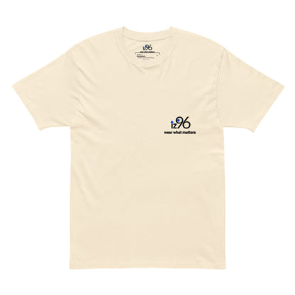 white vintage t-shirt with a logo and text on a white background