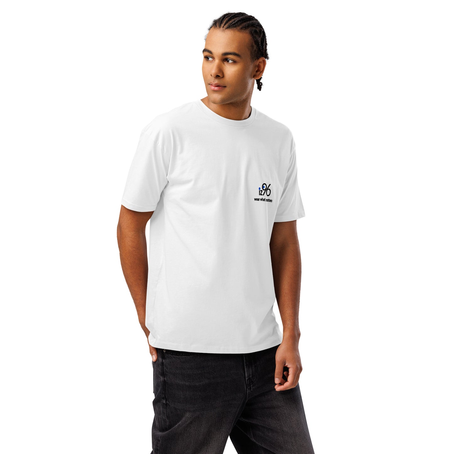 Person wearing a white t-shirt with a logo and text on a white background