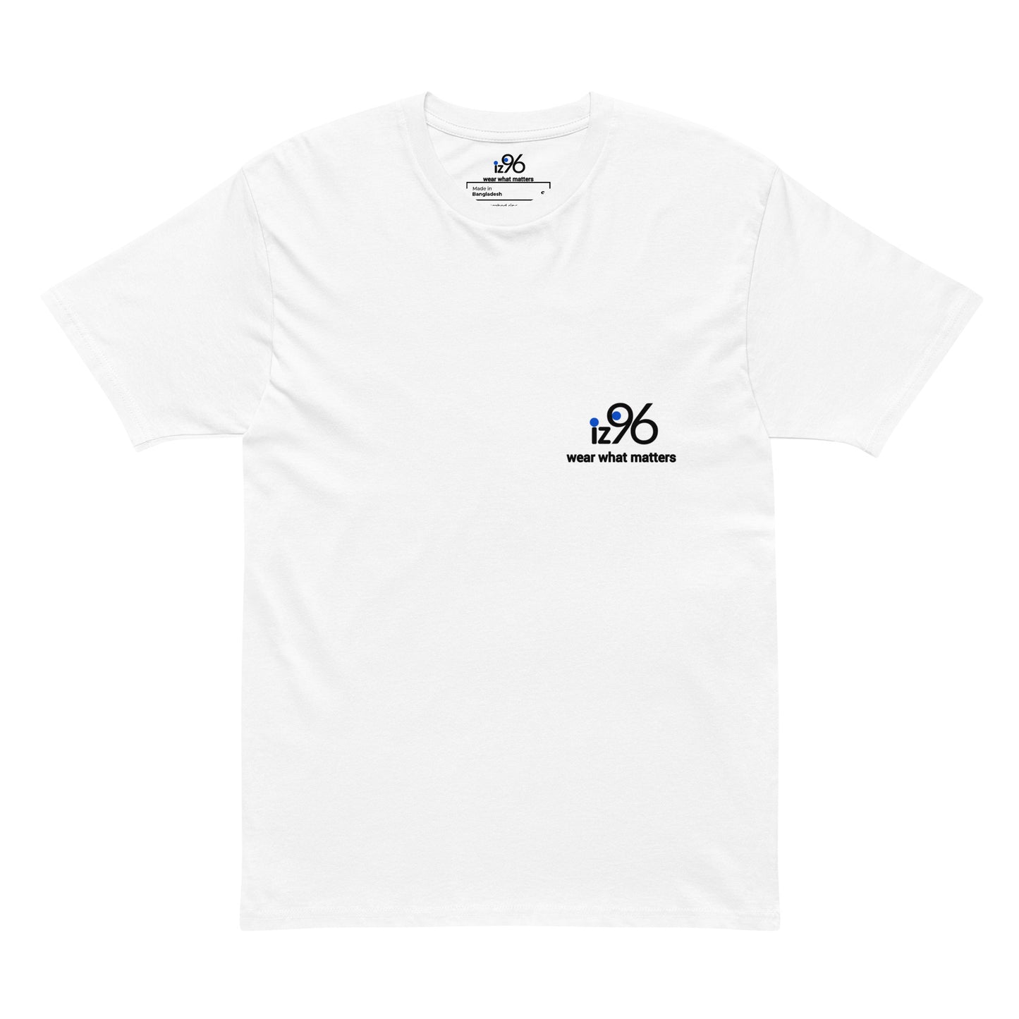 White t-shirt with a logo and text on a white background