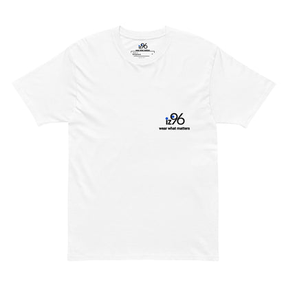 White t-shirt with a logo and text on a white background