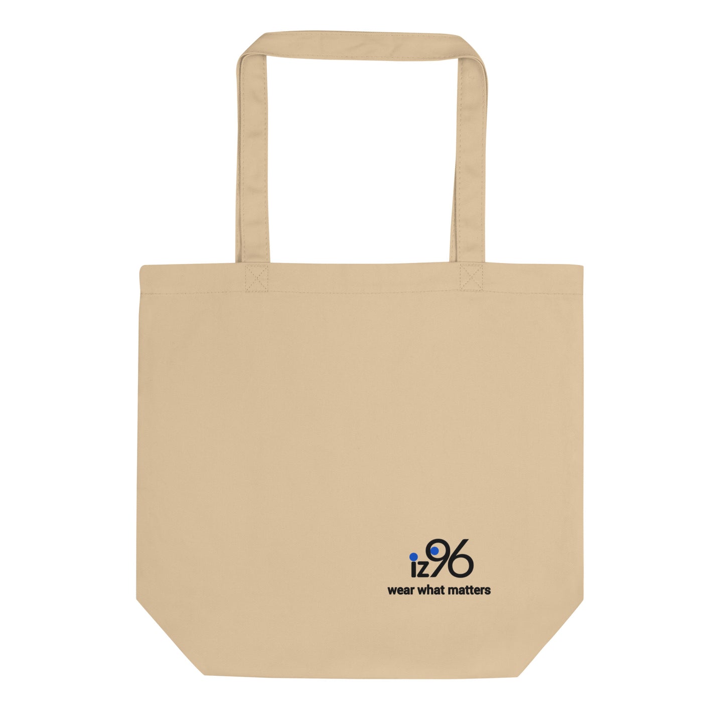 Beige tote bag with a logo on a white background