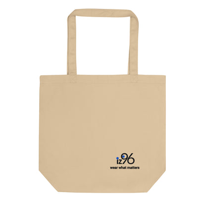 Beige tote bag with a logo on a white background