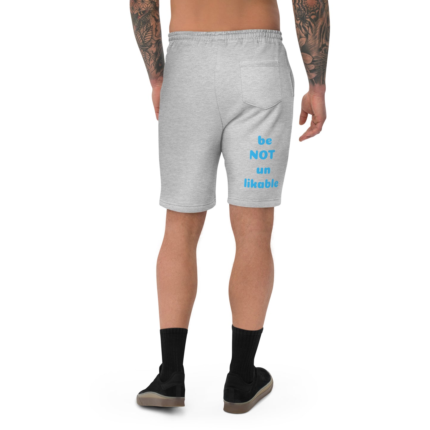 Gray shorts with blue text on a white background