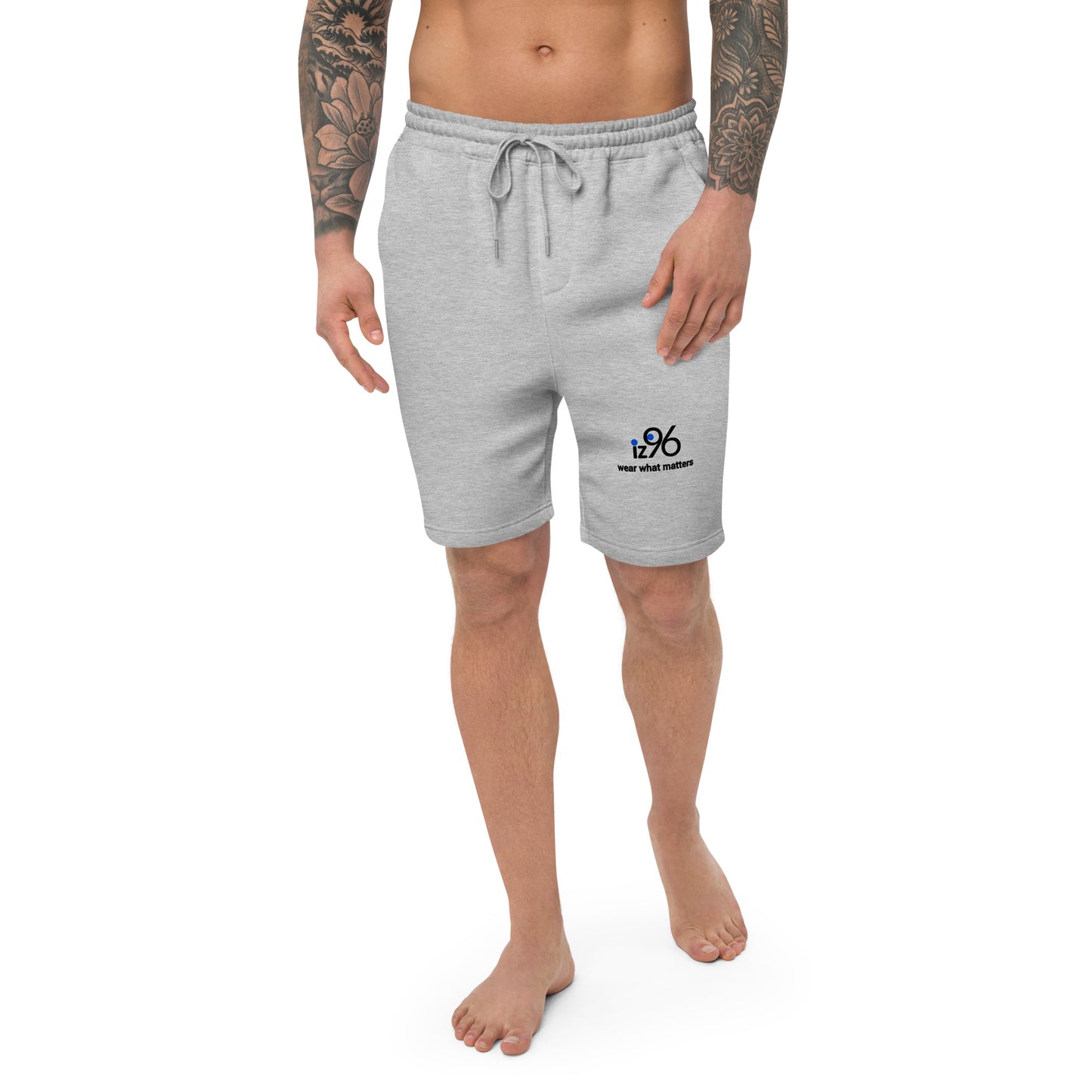 Gray shorts with logo and text on a white background