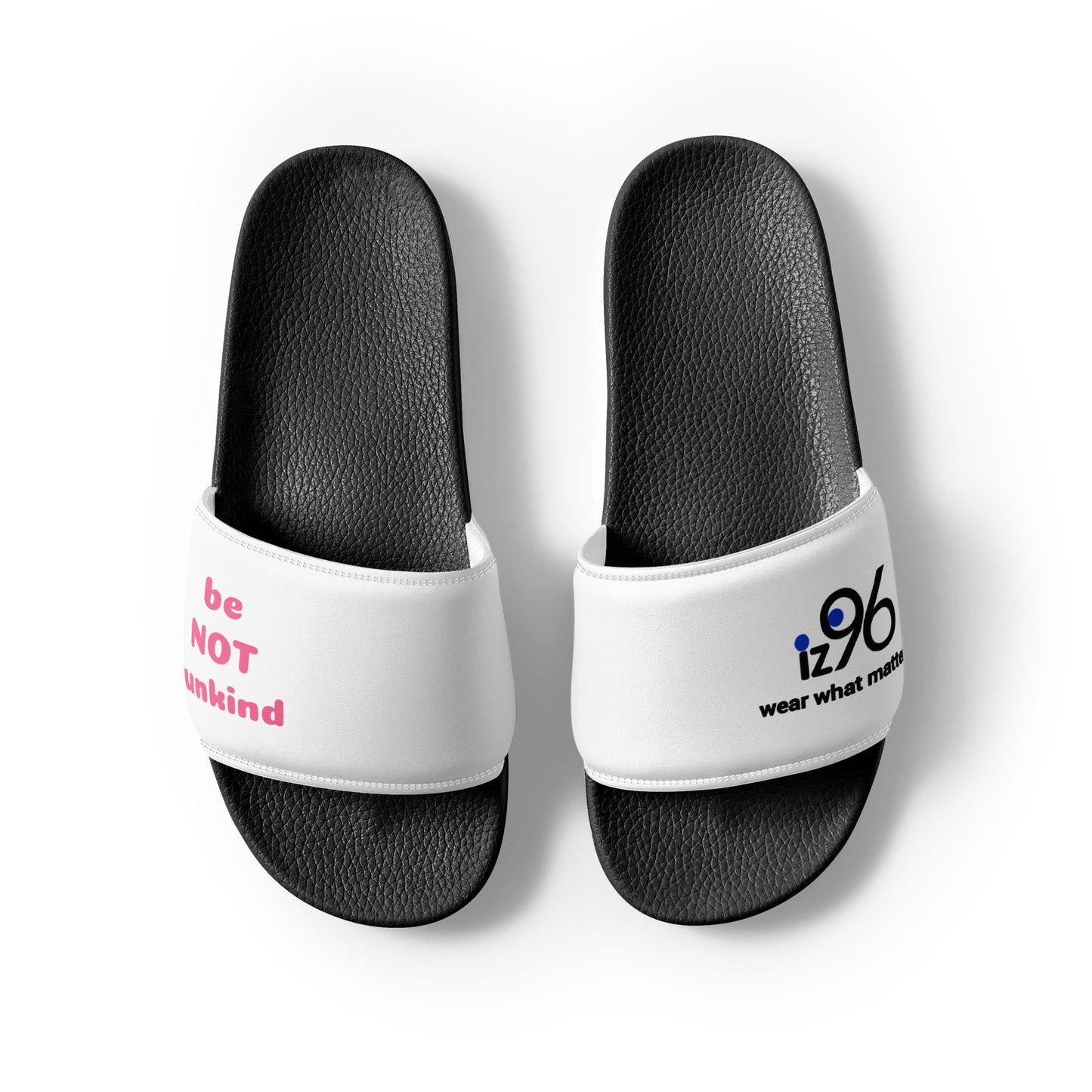 White slides with black soles and 'iz96' branding on a white background