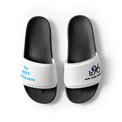 White slides with black soles and 'iz96' branding on a white background