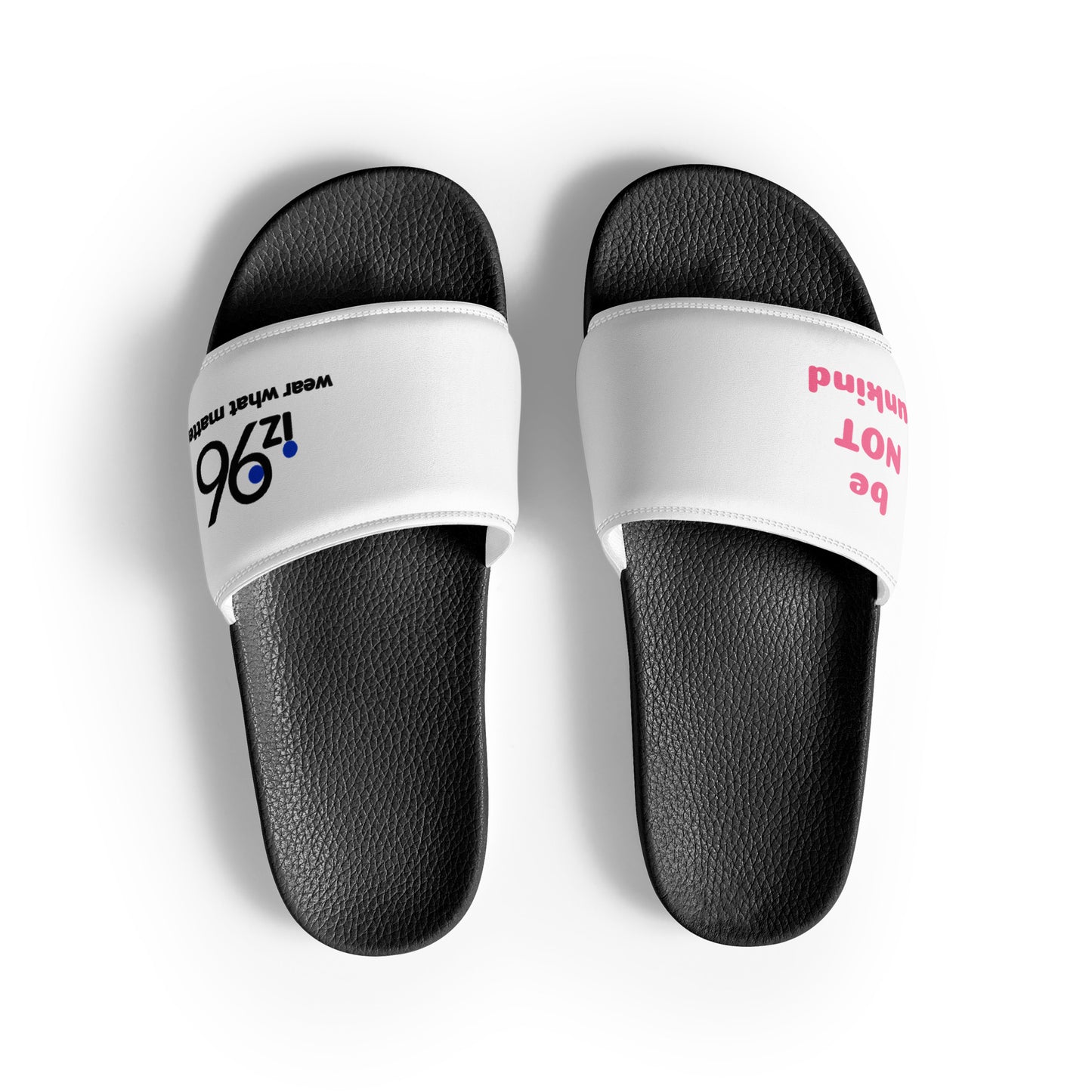 Black slides with white straps featuring text on a white background