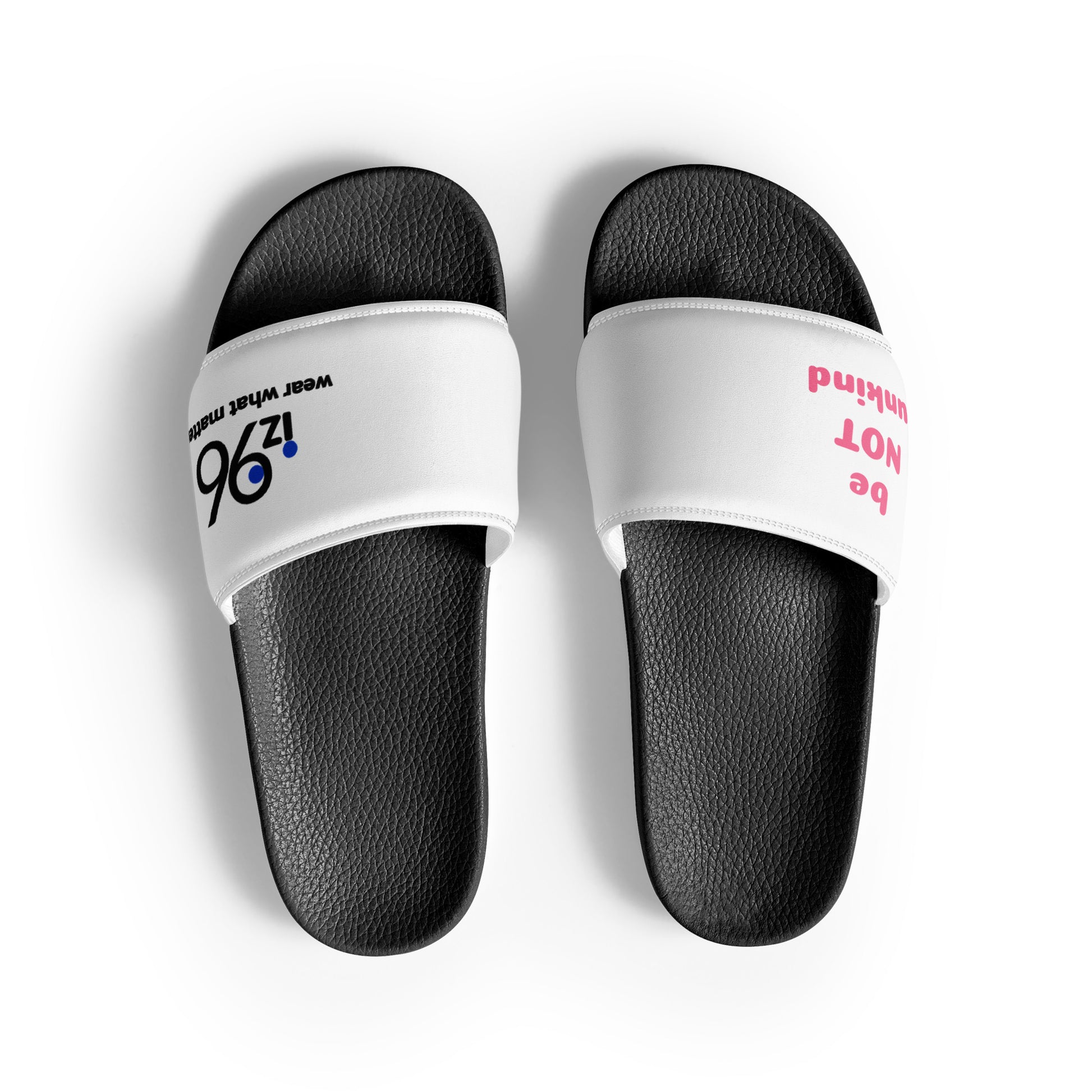 Black slides with white straps featuring text on a white background