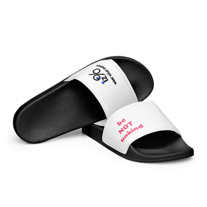 Black and white slide sandals with text on a white background